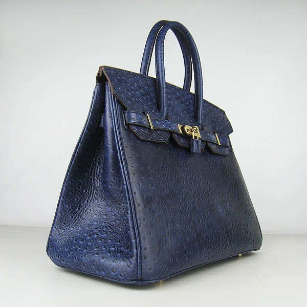 High Quality Fake Hermes Birkin 35CM Ostrich Veins Handbag Dark Blue 6089